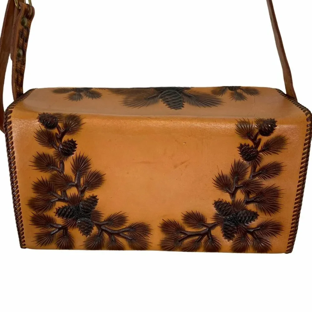 Tooled Leather Purse Handbag Women Handmade Pine Cone Brown Leather 60 70s Retro